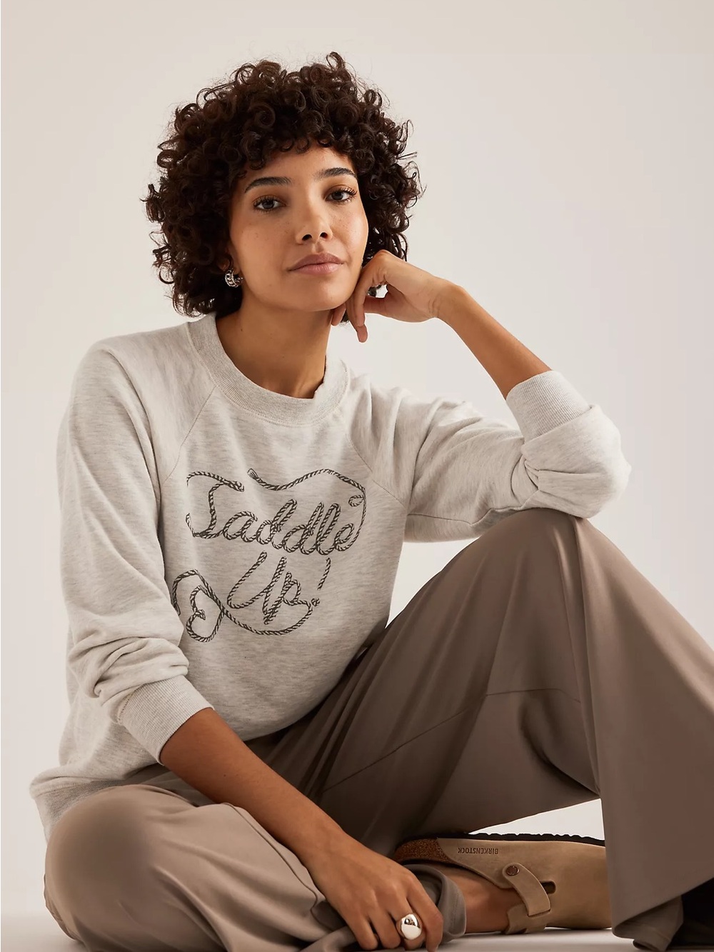 By Anthropologie Cozy 'Saddle Up' Graphic Crewneck Sweatshirt - Light Gray Small